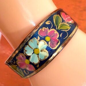 Hand Painted Blue Enamel Floral Copper Cuff Bracelet Vintage